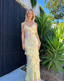 Yellow Spaghetti Straps Ruffle Long Prom Dress with Ruffles HZ0319