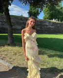 Yellow Spaghetti Straps Ruffle Long Prom Dress with Ruffles HZ0319