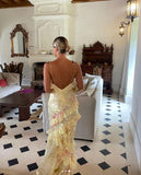 Yellow Spaghetti Straps Ruffle Long Prom Dress with Ruffles HZ0319