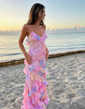 Pink Spaghetti Straps Backless Ruffles Long Prom Dress HZ0319
