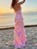 Pink Spaghetti Straps Backless Ruffles Long Prom Dress HZ0319