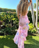 Pink Spaghetti Straps Backless Ruffles Long Prom Dress HZ0319