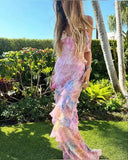 Pink Spaghetti Straps Backless Ruffles Long Prom Dress HZ0319