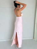 Pink Spaghetti Straps Pleated Long Party Dress Wedding Guest Dress HZ0319
