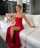 Red Spaghetti Straps Satin Simple Party Dress with Slit HZ0319
