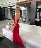Red Spaghetti Straps Satin Simple Party Dress with Slit HZ0319