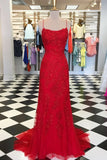 Red Floral Appliques Tulle Mermaid Long Formal Dress HZ0319