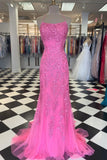 Red Floral Appliques Tulle Mermaid Long Formal Dress HZ0319
