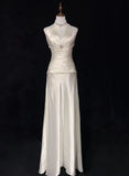 V Neck A Line Satin Long Prom Dresses Halter Wedding Dress HZ0319