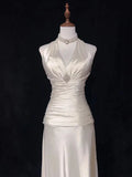 V Neck A Line Satin Long Prom Dresses Halter Wedding Dress HZ0319