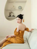 Off The Shoulder Yellow Long Formal Dress Slit Prom Dress HZ0319
