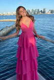 Spaghetti Straps V-Neck Sleeveless Tiered Chiffon Prom Party Dress HZ0319