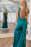 Green Mermaid Straps Scoop Pleated High Slit Long Prom Formal Dress HZ0319