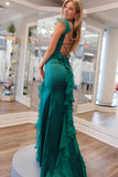Green Mermaid Straps Scoop Pleated High Slit Long Prom Formal Dress HZ0319
