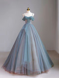 Elegant Straps Off Shoulder A-Line Tulle Long Formal Prom Dress HZ0319