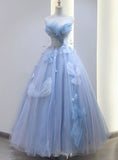 Blue Sweetheart A-Line Appliques Tulle Long Party Dress Evening Gown HZ0319