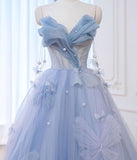 Blue Sweetheart A-Line Appliques Tulle Long Party Dress Evening Gown HZ0319