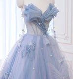 Blue Sweetheart A-Line Appliques Tulle Long Party Dress Evening Gown HZ0319