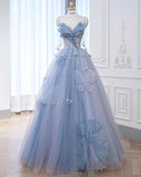 Blue Sweetheart A-Line Appliques Tulle Long Party Dress Evening Gown HZ0319