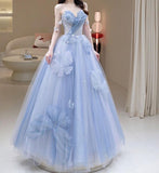 Blue Sweetheart A-Line Appliques Tulle Long Party Dress Evening Gown HZ0319