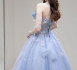 Blue Sweetheart A-Line Appliques Tulle Long Party Dress Evening Gown HZ0319