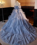 Blue Off Shoulder A-Line Ruffles Long Evening Dress Ball Gown HZ0319
