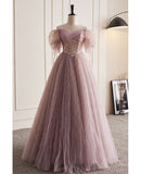 Dusty Pink A-Line Tulle Long Prom Dress Birthday Evening Gown HZ0319