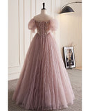 Dusty Pink A-Line Tulle Long Prom Dress Birthday Evening Gown HZ0319