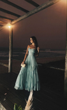 Light Blue Spaghetti Straps A-Line Tulle Long Party Dress Evening Gown HZ0319