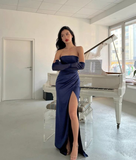 Navy Strapless Sheath Long Party Dress Evening Gown HZ0319