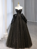 Shiny Black Sweetheart A-Line Tulle Long Formal Prom Dress HZ0319