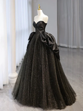 Shiny Black Sweetheart A-Line Tulle Long Formal Prom Dress HZ0319