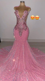 Shiny Pink Sequins Beading Mermaid Black Girl Formal Evening Gown HZ0319