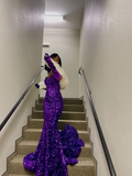 Elegant Purple Sweetheart Sequins Mermaid Black Girl Formal Evening Gown HZ0319