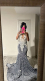 Grey Sequins Beading Mermaid Black Girl Formal Evening Gown HZ0319