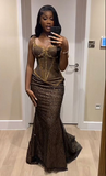 Brown Sequins Beading Mermaid Black Girl Formal Evening Gown HZ0319