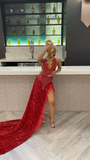 Sexy Red Sequins Black Girl Formal Evening Gown with Feathers HZ0319