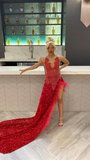 Sexy Red Sequins Black Girl Formal Evening Gown with Feathers HZ0319