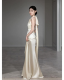 Elegant Ivory Halter Mermaid Satin Party Dress Wedding Reception Dress HZ0319