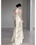 Elegant Ivory Halter Mermaid Satin Party Dress Wedding Reception Dress HZ0319