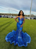 Gorgeous Royal Blue Appliques Black Girl Mermaid Long Evening Gown HZ0319