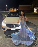Light Blue Halter Sequins Black Girl Mermaid Long Evening Gown HZ0319