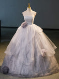 Elegant Grey Strapless A-Line Tulle Long Party Dress Evening Ball Gown HZ0319