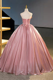 Sweet Pink Strapless A-Line Satin Long Party Dress Evening Ball Gown HZ0319