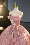 Sweet Pink Strapless A-Line Satin Long Party Dress Evening Ball Gown HZ0319