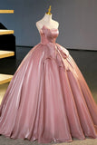 Sweet Pink Strapless A-Line Satin Long Party Dress Evening Ball Gown HZ0319