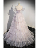 Shiny Off Shoulder Tulle Tiered A-Line Long Party Dress Evening Ball Gown HZ0319