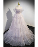 Shiny Off Shoulder Tulle Tiered A-Line Long Party Dress Evening Ball Gown HZ0319