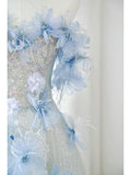 Blue Off Shoulder Sequins Floral Long Prom Dress Birthday Gown HZ0319