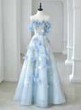 Blue Off Shoulder Sequins Floral Long Prom Dress Birthday Gown HZ0319
